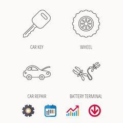 Car key, wheel and repair service icons. Battery terminal linear sign. Calendar, Graph chart and Cogwheel signs. Download colored web icon. Vector