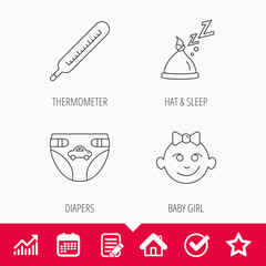 Thermometer, diapers and sleep hat icons. Baby girl linear sign. Edit document, Calendar and Graph chart signs. Star, Check and House web icons. Vector