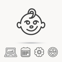 Baby boy face icon. Child with smile sign. Newborn symbol. Notebook, Calendar and Cogwheel signs. Download arrow web icon. Vector