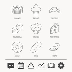 Croissant, cake and bread icons. Muffin, brioche and sweet donut linear signs. Pancakes with syrup flat line icons. Education book, Graph chart and Chat signs. Vector