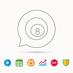 Billiard ball icon. Pool or snooker equipment sign. Cue sports symbol. Calendar, Graph chart and Cogwheel signs. Download and Shield web icons. Vector