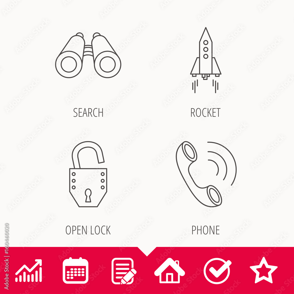 Poster phone, startup rocket and search icons. opened lock linear sign. edit document, calendar and graph c