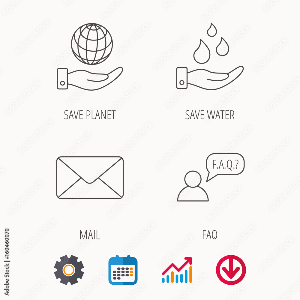 Aufkleber mail, save water and faq speech bubble icons. save planet linear sign. calendar, graph chart and cog