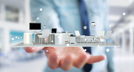 Businessman holding white 3D rendering apartment