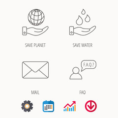 Mail, save water and faq speech bubble icons. Save planet linear sign. Calendar, Graph chart and Cogwheel signs. Download colored web icon. Vector