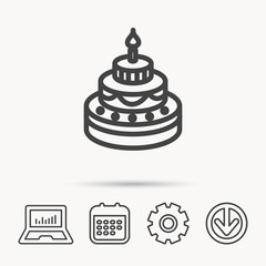 Cake icon. Birthday delicious dessert sign. Sweet food with candle symbol. Notebook, Calendar and Cogwheel signs. Download arrow web icon. Vector