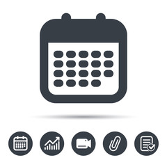 Calendar icon. Events reminder symbol. Calendar, chart and checklist signs. Video camera and attach clip web icons. Vector