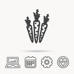 Fototapeta premium Carrots icon. Vegetarian food sign. Natural vegetables symbol. Notebook, Calendar and Cogwheel signs. Download arrow web icon. Vector