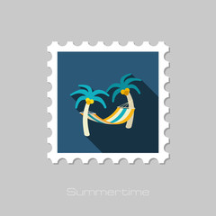 Hammock with palm trees on beach stamp. Vacation