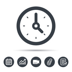 Clock icon. Mechanical watch symbol. Calendar, chart and checklist signs. Video camera and attach clip web icons. Vector