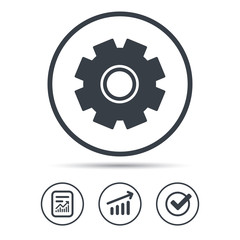 Cogwheel icon. Repair service symbol. Report document, Graph chart and Check signs. Circle web buttons. Vector