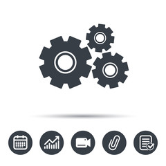 Cogwheels icon. Repair service symbol. Calendar, chart and checklist signs. Video camera and attach clip web icons. Vector
