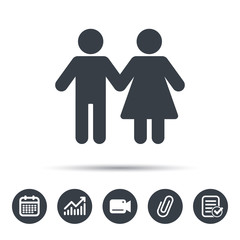 Couple icon. Traditional young family symbol. Calendar, chart and checklist signs. Video camera and attach clip web icons. Vector