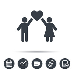Couple love icon. Traditional young family symbol. Calendar, chart and checklist signs. Video camera and attach clip web icons. Vector