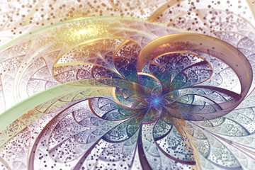 Abstract exotic flower with golden sparks on white background. Fantastic fractal design in orange, yellow, green and blue colors. Psychedelic digital art. 3D rendering.