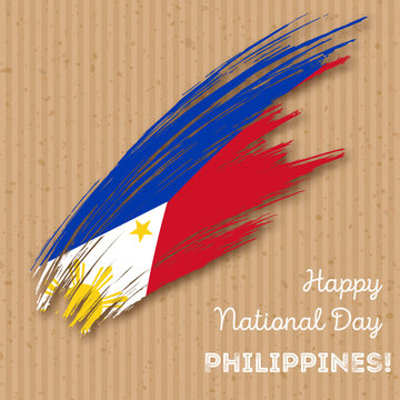 Philippines Independence Day Patriotic Design. Expressive Brush Stroke in National Flag Colors on kraft paper background. Happy Independence Day Philippines Vector Greeting Card.