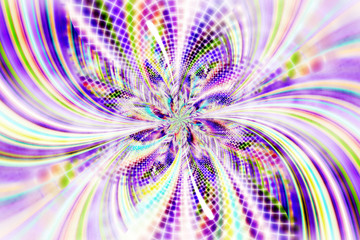 Exotic flower with textured petals. Abstract symmetrical floral design in blue, violet, yellow and green colors. Fantasy fractal art. 3D rendering.