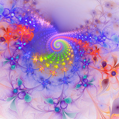 Fototapeta na wymiar Abstract colorful spiral with red, green, yellow and blue flowers. Fantasy fractal design. Psychedelic digital art. 3D rendering.