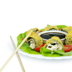 Tempura Maki Sushi - Deep Fried Roll made of Fresh Raw Salmon, Avocado and Cream Cheese inside with Sticks