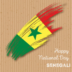 Senegal Independence Day Patriotic Design. Expressive Brush Stroke in National Flag Colors on kraft paper background. Happy Independence Day Senegal Vector Greeting Card.