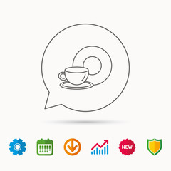 Coffee cup icon. Food and drink sign. Calendar, Graph chart and Cogwheel signs. Download and Shield web icons. Vector