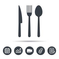 Fork, knife and spoon icons. Cutlery symbol. Calendar, chart and checklist signs. Video camera and attach clip web icons. Vector