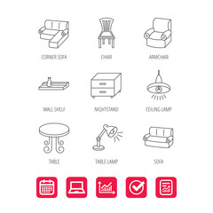 Corner sofa, table and armchair icons. Chair, ceiling lamp and nightstand linear signs. Wall shelf furniture flat line icons. Report document, Graph chart and Calendar signs. Vector