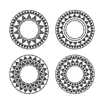 Tribal round frames set vector. African, mexican, Peruvian or Aztec decorative elements. Black contour unique design for tribes logos, badge, labels or boho tattoo.