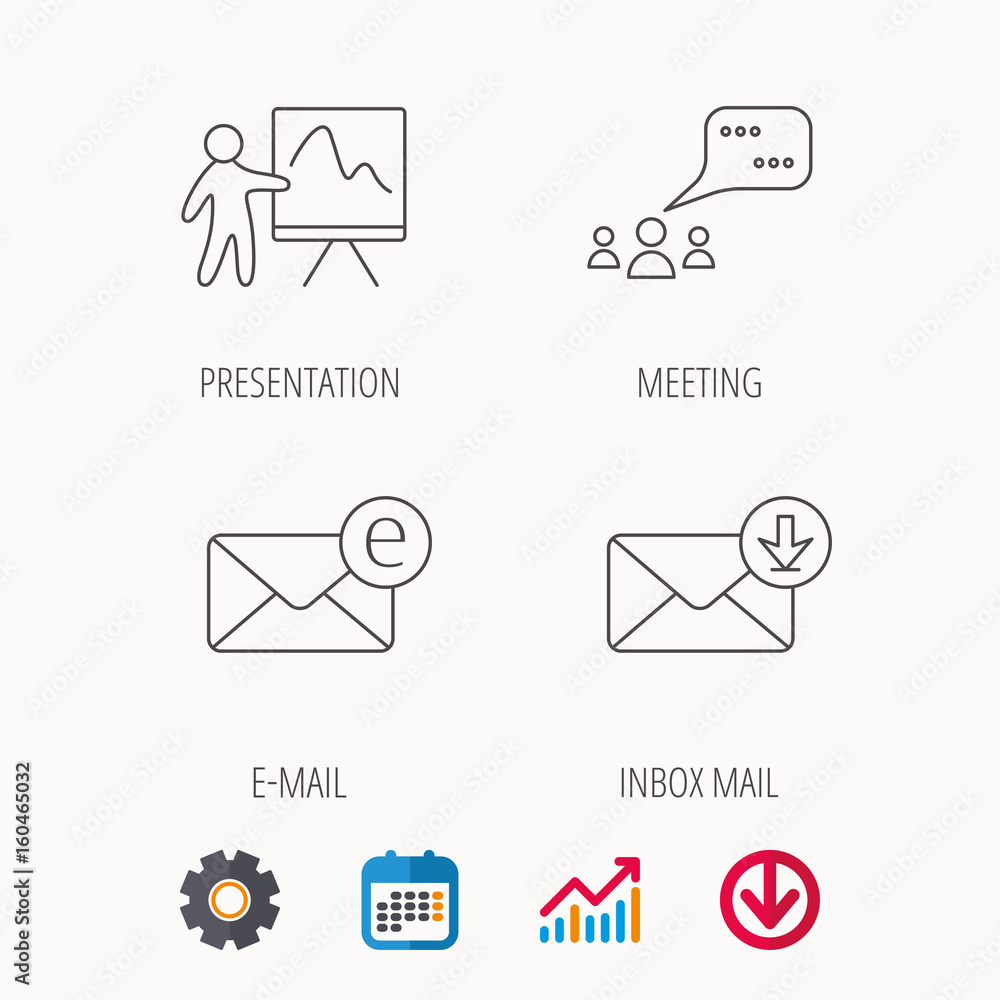 Poster mail, presentation and meeting chat bubbles icons. e-mail linear sign. calendar, graph chart and cog