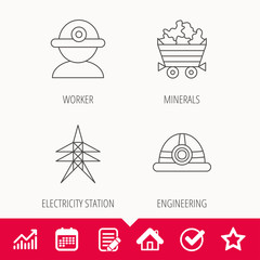Worker, minerals and engineering helm icons. Electricity station linear sign. Edit document, Calendar and Graph chart signs. Star, Check and House web icons. Vector