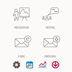 Mail, presentation and meeting chat bubbles icons. E-mail linear sign. Calendar, Graph chart and Cogwheel signs. Download colored web icon. Vector