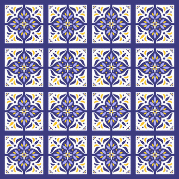 Tile pattern vector seamless. Azulejo portuguese tiles, mexican talavera, spanish, moroccan, italian majolica or arabic tiles design. Tiled print for wrapping, background or ceramic.
