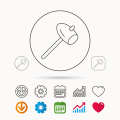 Hammer icon. Repair or fix sign. Construction equipment tool symbol. Calendar, Graph chart and Cogwheel signs. Download and Heart love linear web icons. Vector