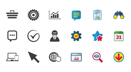 Internet, seo icons. Tick, shopping signs.