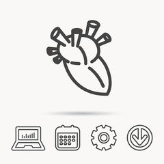 Heart icon. Human organ sign. Surgical transplantation symbol. Notebook, Calendar and Cogwheel signs. Download arrow web icon. Vector