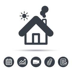 Home icon. House building symbol. Real estate construction. Calendar, chart and checklist signs. Video camera and attach clip web icons. Vector
