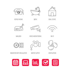 Wifi, video camera and mailbox icons. Real estate, bath and water supply linear signs. Radiator with heat regulator, phone icons. Report document, Graph chart and Calendar signs. Vector