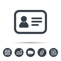 ID card icon. Personal identification document symbol. Calendar, chart and checklist signs. Video camera and attach clip web icons. Vector
