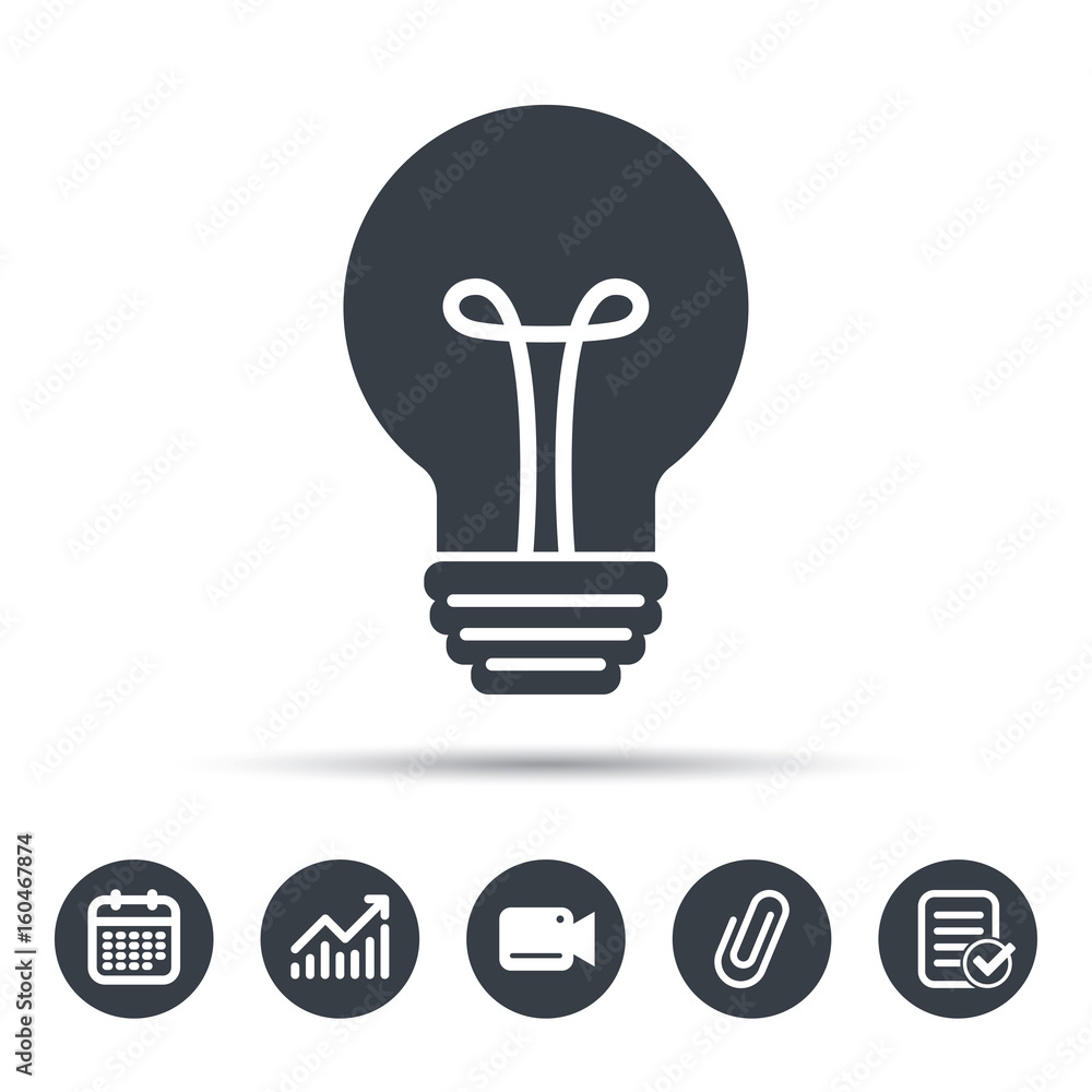 Poster Light bulb icon. Lamp sign. Illumination technology symbol. Calendar, chart and checklist signs. Video camera and attach clip web icons. Vector