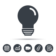Light bulb icon. Lamp sign. Illumination technology symbol. Calendar, chart and checklist signs. Video camera and attach clip web icons. Vector