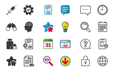 Medicine icons. Tablets bottle, brain, Rx.