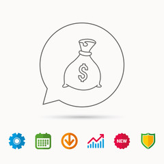 Sack with dollars icon. Money bag sign. Banking symbol. Calendar, Graph chart and Cogwheel signs. Download and Shield web icons. Vector