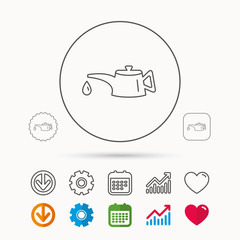 Motor oil icon. Fuel can with drop sign. Calendar, Graph chart and Cogwheel signs. Download and Heart love linear web icons. Vector