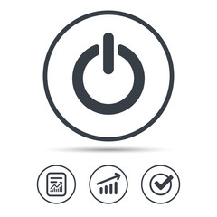 On, off power icon. Energy switch symbol. Report document, Graph chart and Check signs. Circle web buttons. Vector