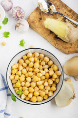Cooked Chickpeas on a bowl. Chickpeas is nutritious food. Healthy and vegetarian food.