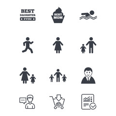 People, family icons. Swimming, person signs.