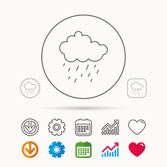 Rain icon. Water drops and cloud sign. Rainy overcast day symbol. Calendar, Graph chart and Cogwheel signs. Download and Heart love linear web icons. Vector
