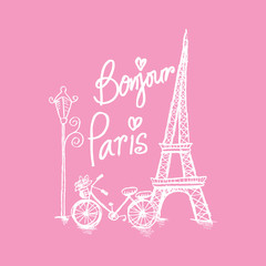 Naklejka na ściany i meble Bonjour Paris text with tower eiffel and bicycle.