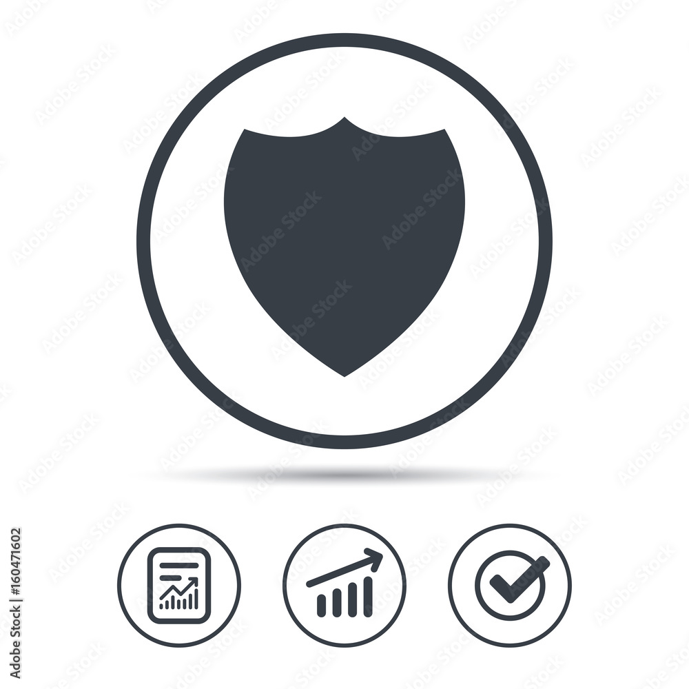 Poster shield protection icon. defense equipment symbol. report document, graph chart and check signs. circ