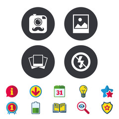 Photo camera icon. No flash light sign.